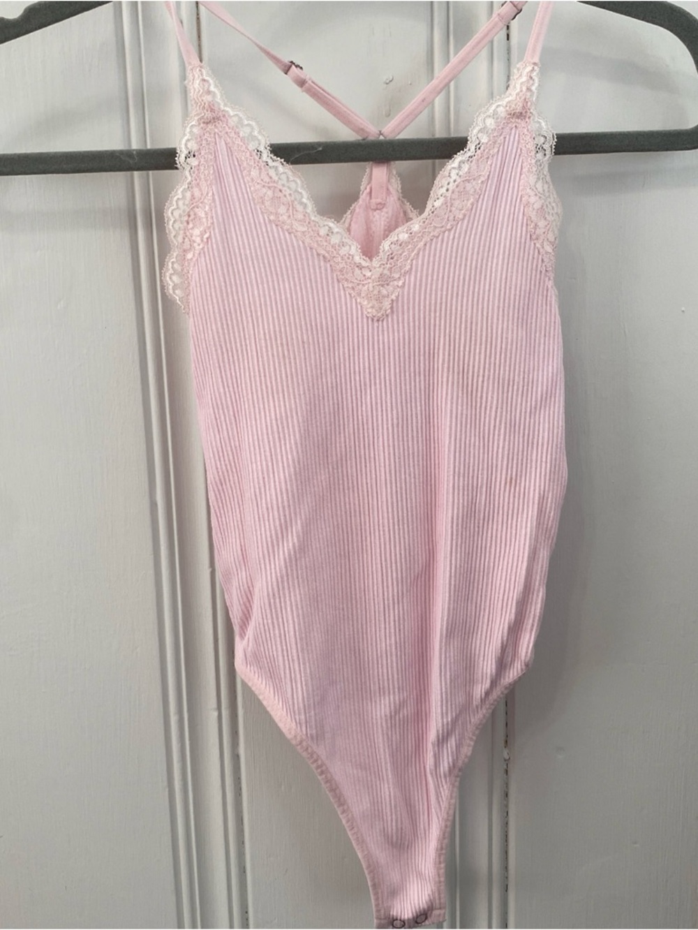 Forever 21 womens s/p Light Pink Lace-Trim Ribbed Bodysuit